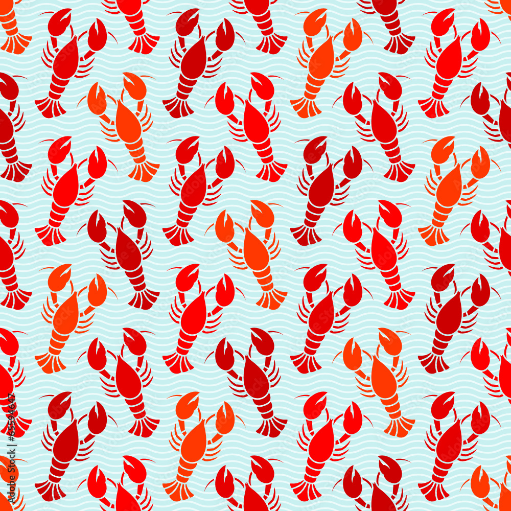 Seamless Lobster & Waves Pattern Red Colors/White/Blue Seamless Lobster & Waves Pattern Red Colors/White/Blue