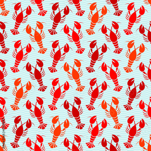 Seamless Lobster & Waves Pattern Red Colors/White/Blue