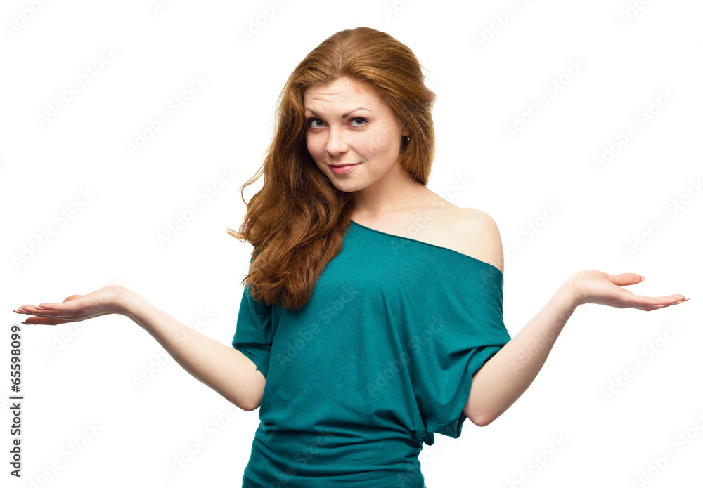 Portrait of a young woman raised her hands up Portrait of a young woman raised her hands up