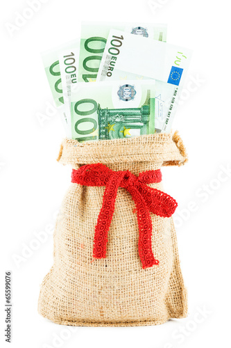 The euros in a linen sack, bandaged by a gift red ribbon photo