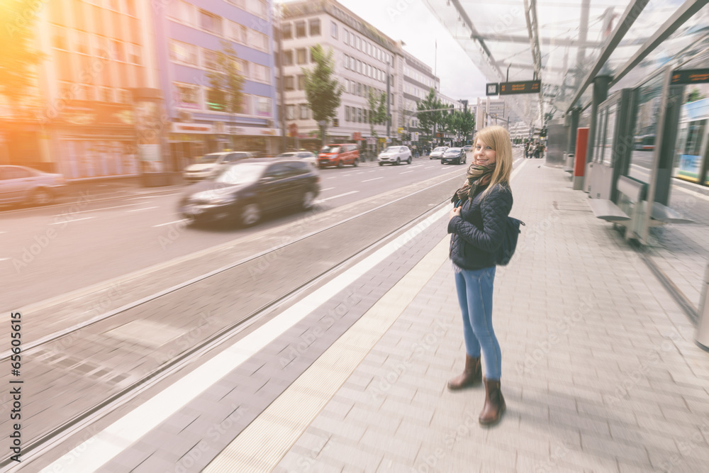 German Blonde Girl at Tram Stop in Bonn