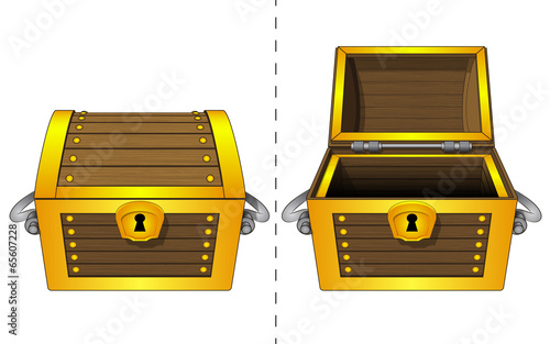 isolated closed adn open wooden gold chest vector