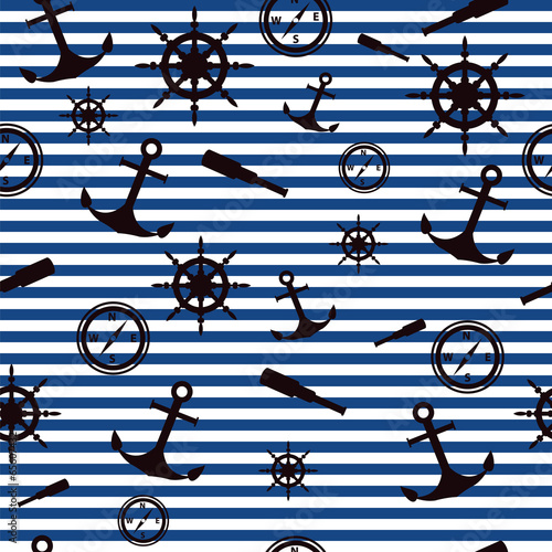 maritime pattern: anchor, the wind rose, control wheel, spyglass