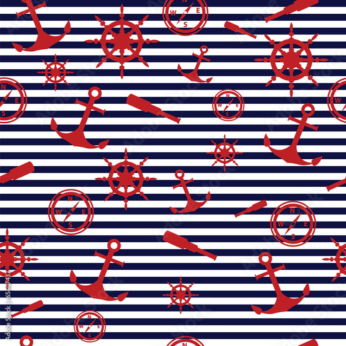 maritime pattern: anchor, the wind rose, control wheel, spyglass