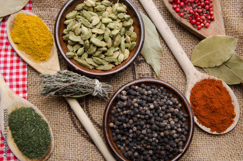 Composition of wooden spoons and cups with cardamom, pepper, dil