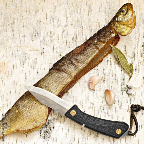 still life with smoked whitefish and pocket knife
