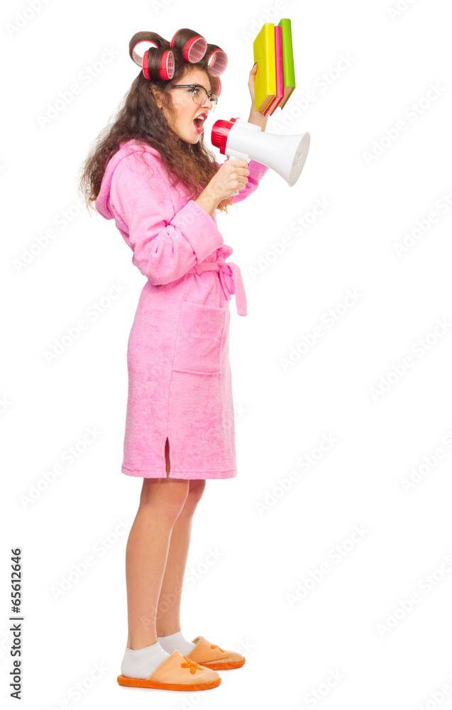 Funny housewife with books and megaphone Funny housewife with books and megaphone