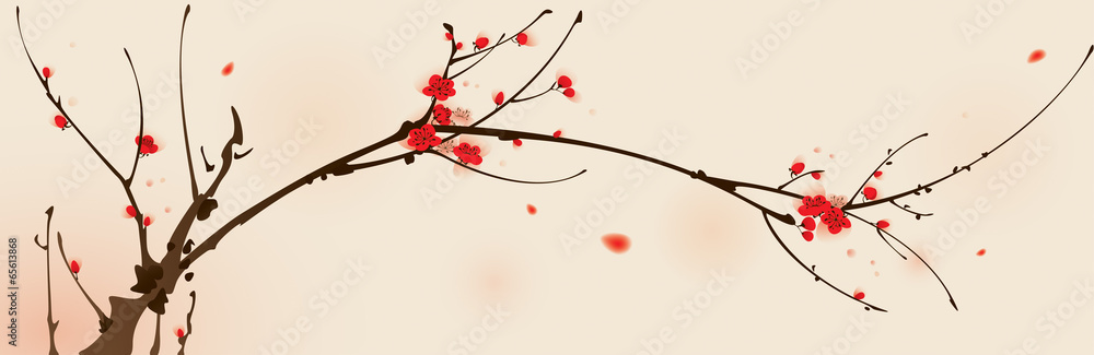 Oriental style painting, plum blossom in spring - obrazy, fototapety, plakaty 