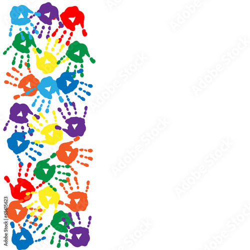 Card with colorful handprints on the white background
