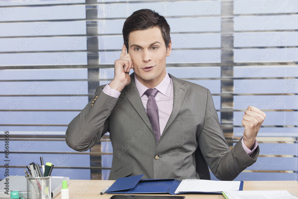 Young handsome businessman happy with the results - expression Young handsome businessman happy with the results - expression