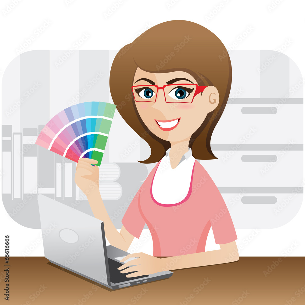 cartoon girl graphic designer showing color chart cartoon girl graphic designer showing color chart