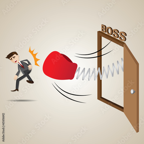 cartoon businessman punch out of boss room