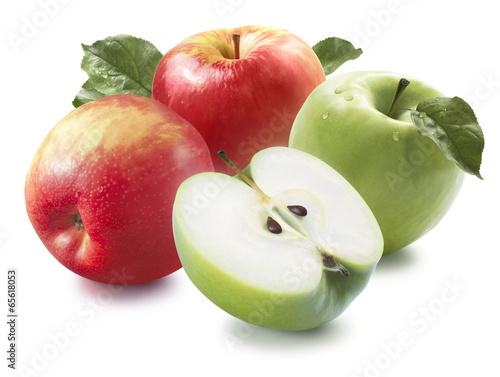 Four red and green apples isolated on white background