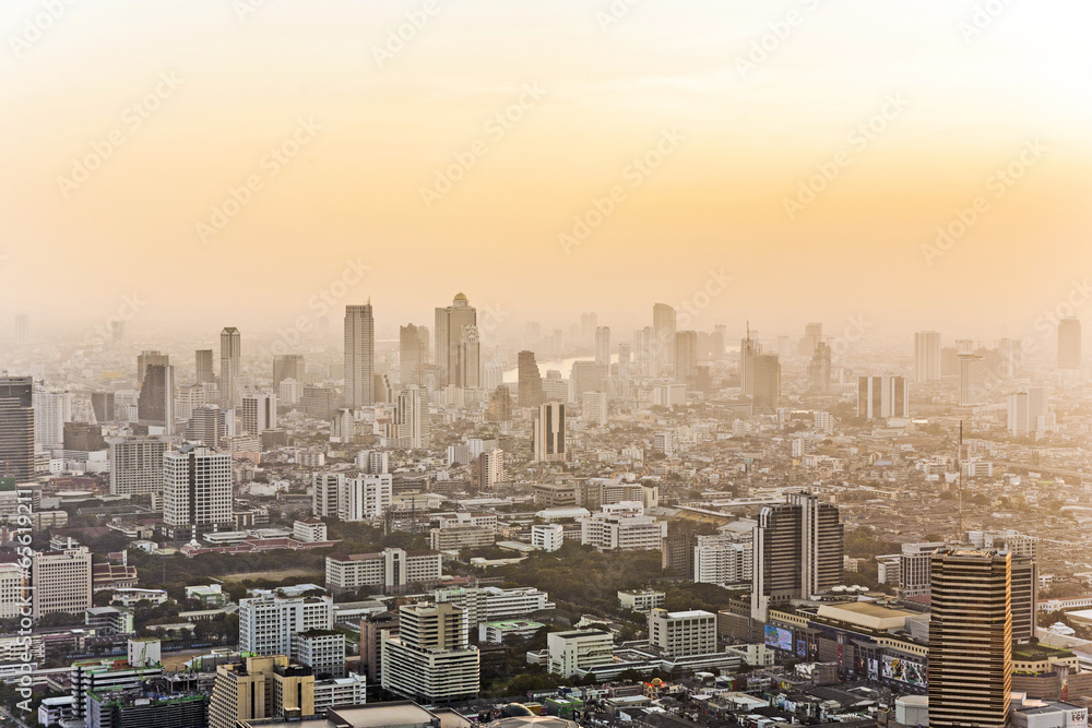 View across Bangkok skyline showing in sunset