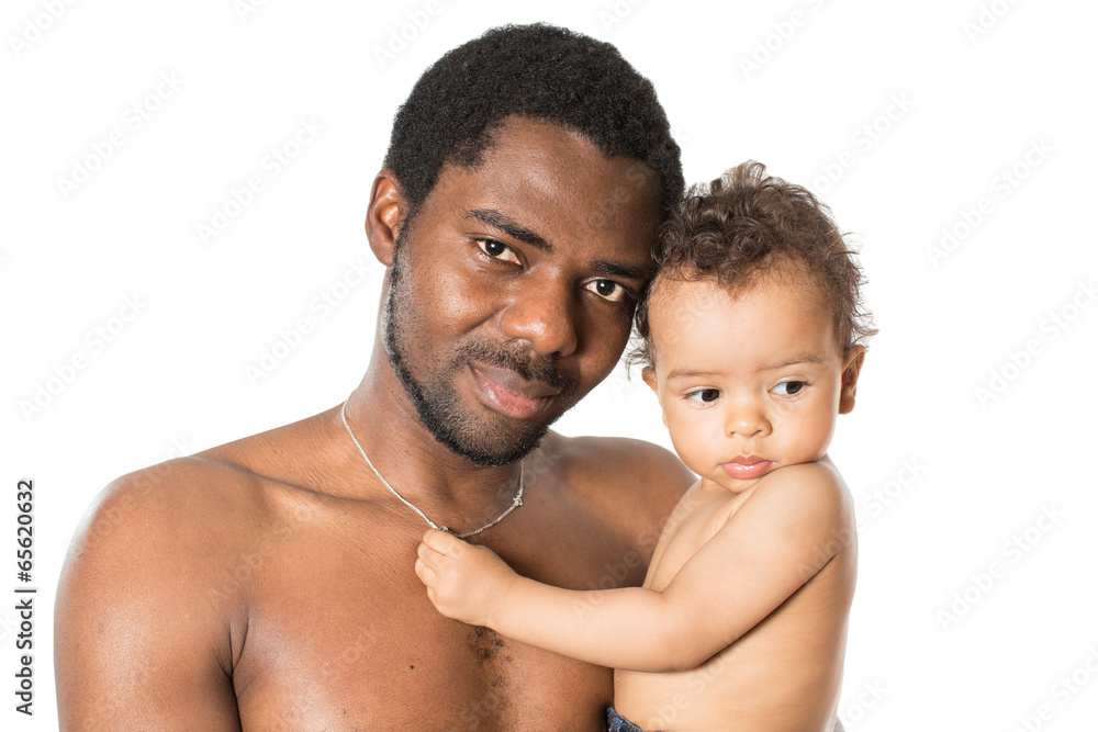 Happy black father and child boy cuddling on isolated Happy black father and child boy cuddling on isolated