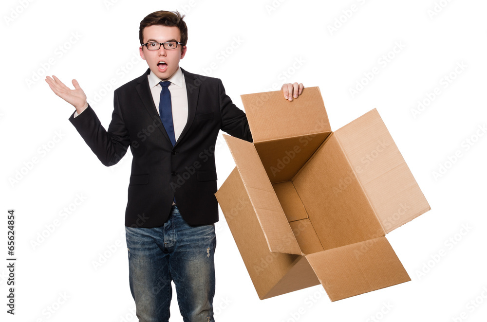 Funny man with boxes isolated on white Funny man with boxes isolated on white