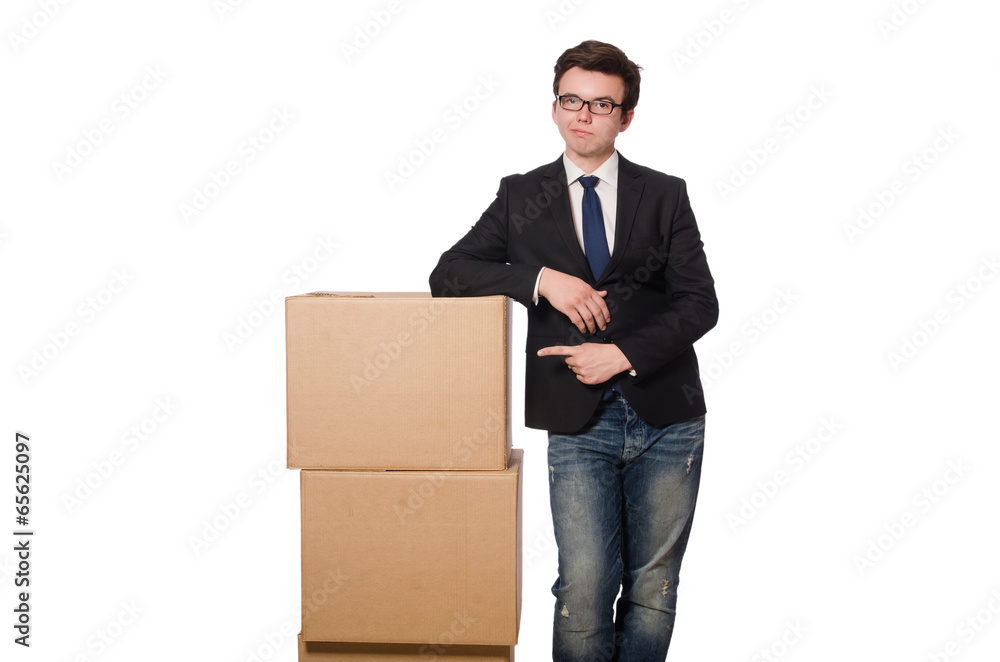 Funny man with boxes isolated on white Funny man with boxes isolated on white