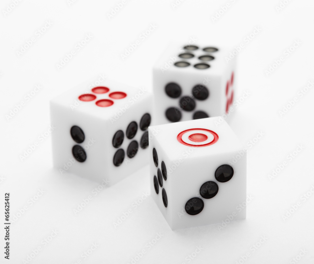 Three dice on table for game set