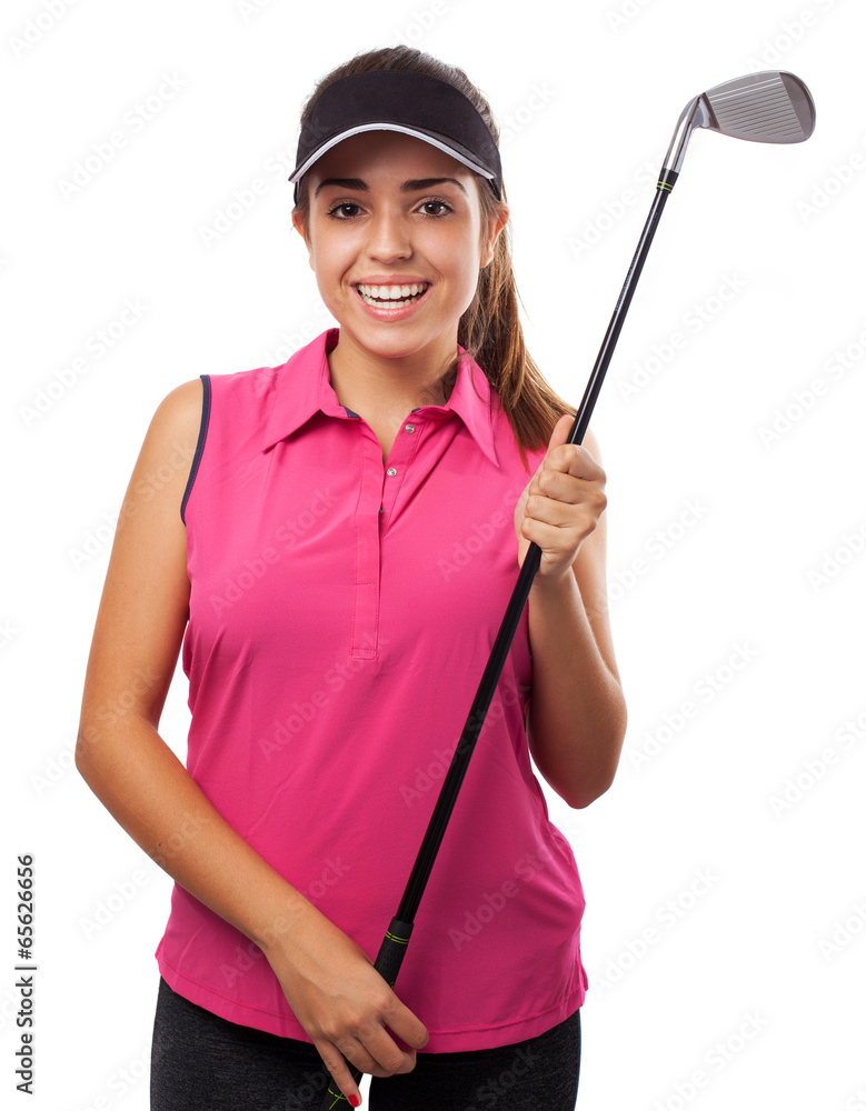 pretty woman holding a golf club isolated on white background pretty woman holding a golf club isolated on white background