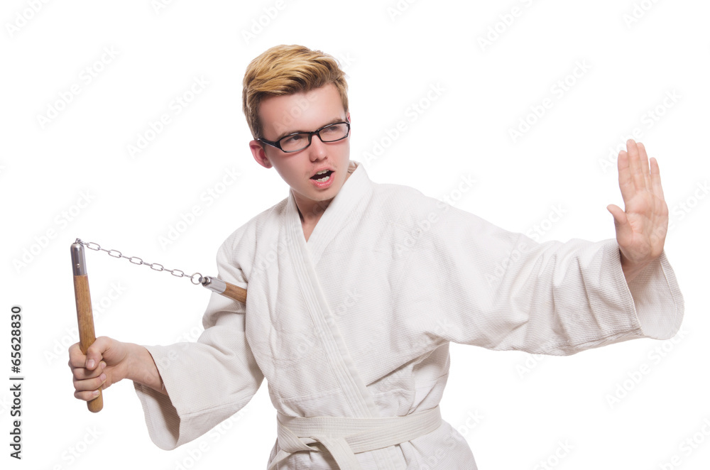 Funny karate fighter with nunchucks on white Funny karate fighter with nunchucks on white