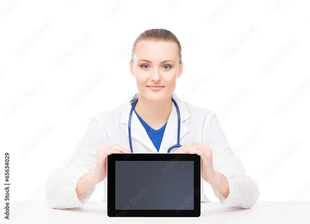 Professional woman doctor with an ipad isolated on white Professional woman doctor with an ipad isolated on white