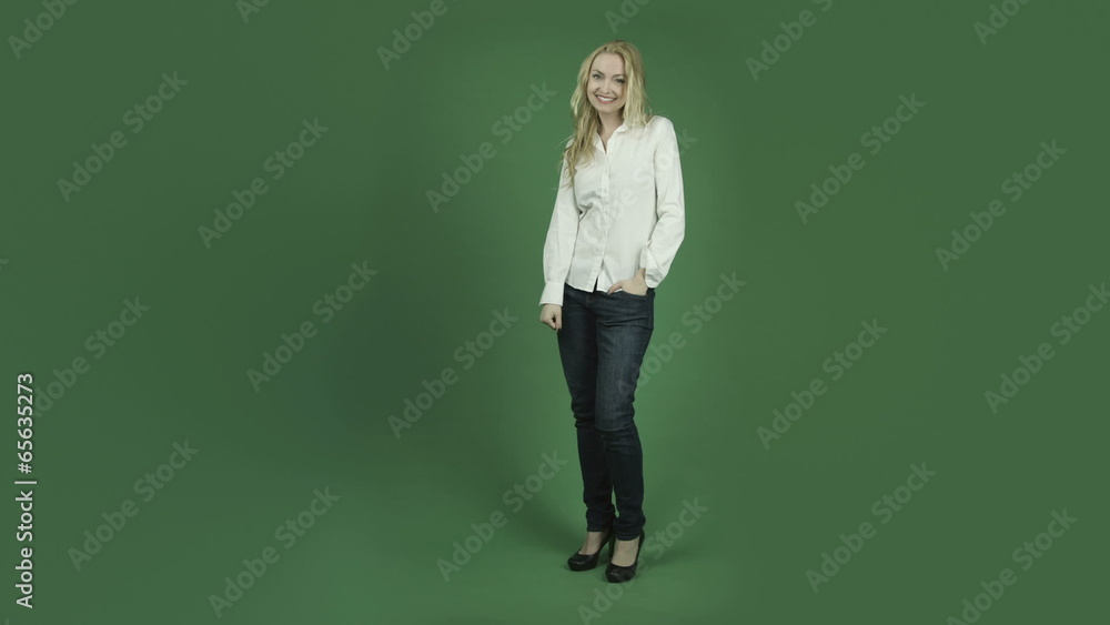 caucasian woman isolated on chroma green screen background call caucasian woman isolated on chroma green screen background call