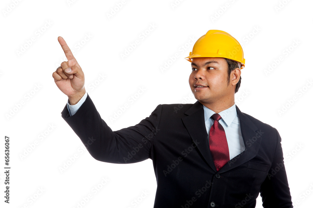 Asian engineer man point up and smile Asian engineer man point up and smile