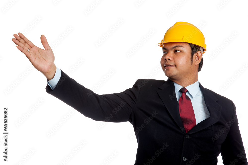 Asian engineer man open his hand present something Asian engineer man open his hand present something