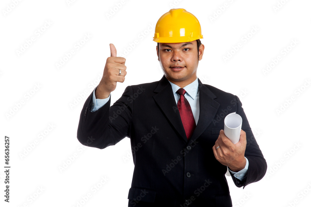 Asian engineer man hold blueprint and thumbs up Asian engineer man hold blueprint and thumbs up
