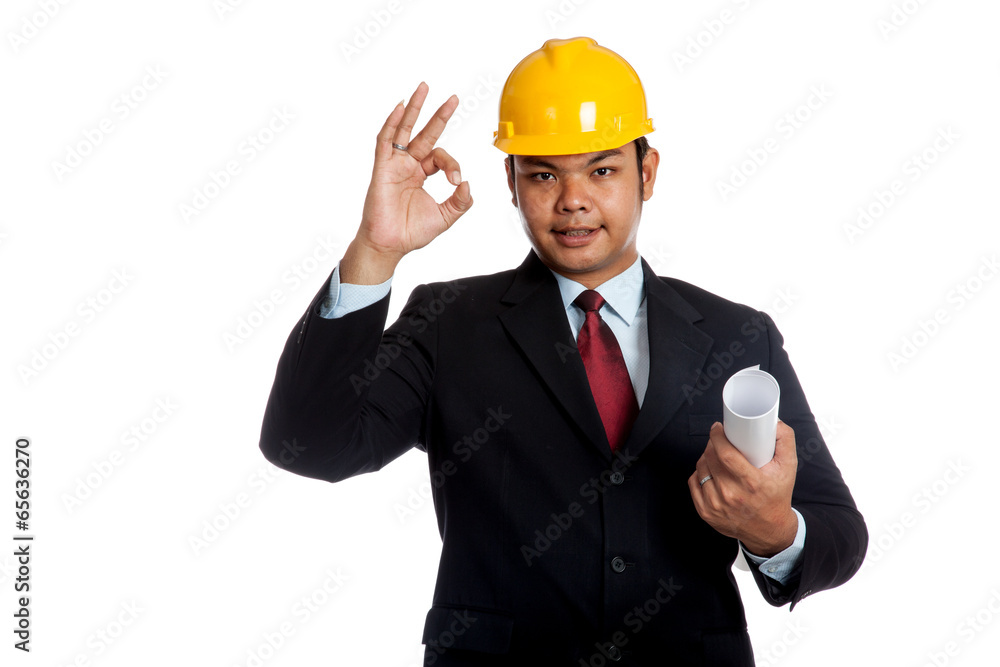 Asian engineer man hold blueprint and OK sign Asian engineer man hold blueprint and OK sign