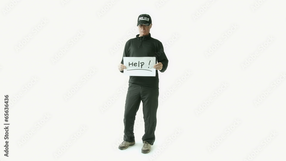 Senior caucasian policeman isolated on white help sign Senior caucasian policeman isolated on white help sign