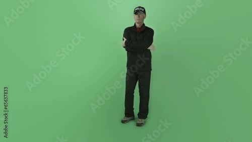 Senior caucasian policeman isolated on green screen silence photo