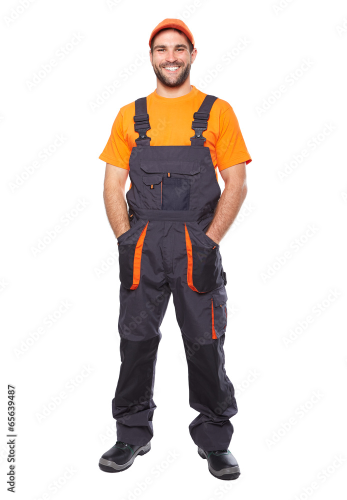 Portrait of smiling worker in blue uniform Portrait of smiling worker in blue uniform