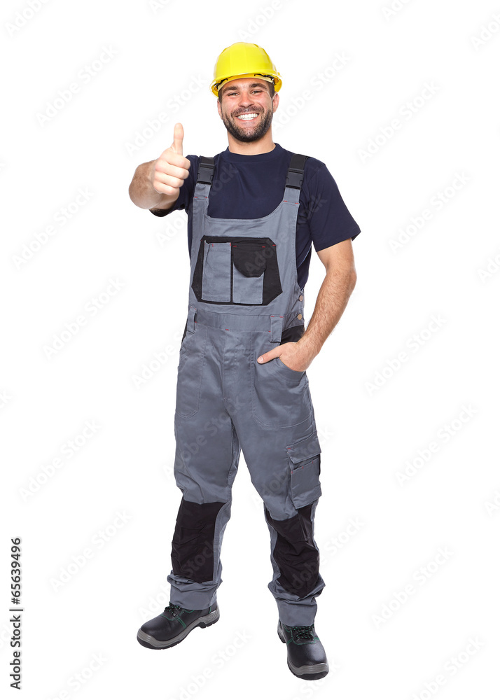 Portrait of smiling worker in gray uniform Portrait of smiling worker in gray uniform