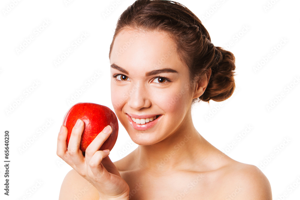 closeap of a smiling woman with red apple in hand closeap of a smiling woman with red apple in hand