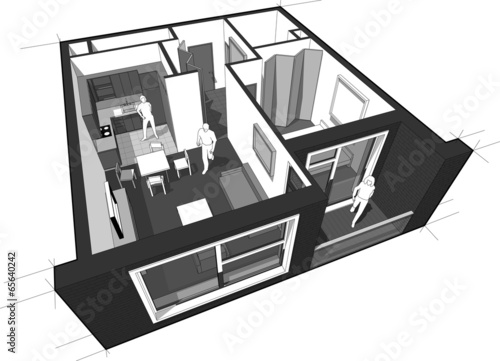 Perspective cut-away diagram of a 1-bedroom apartment