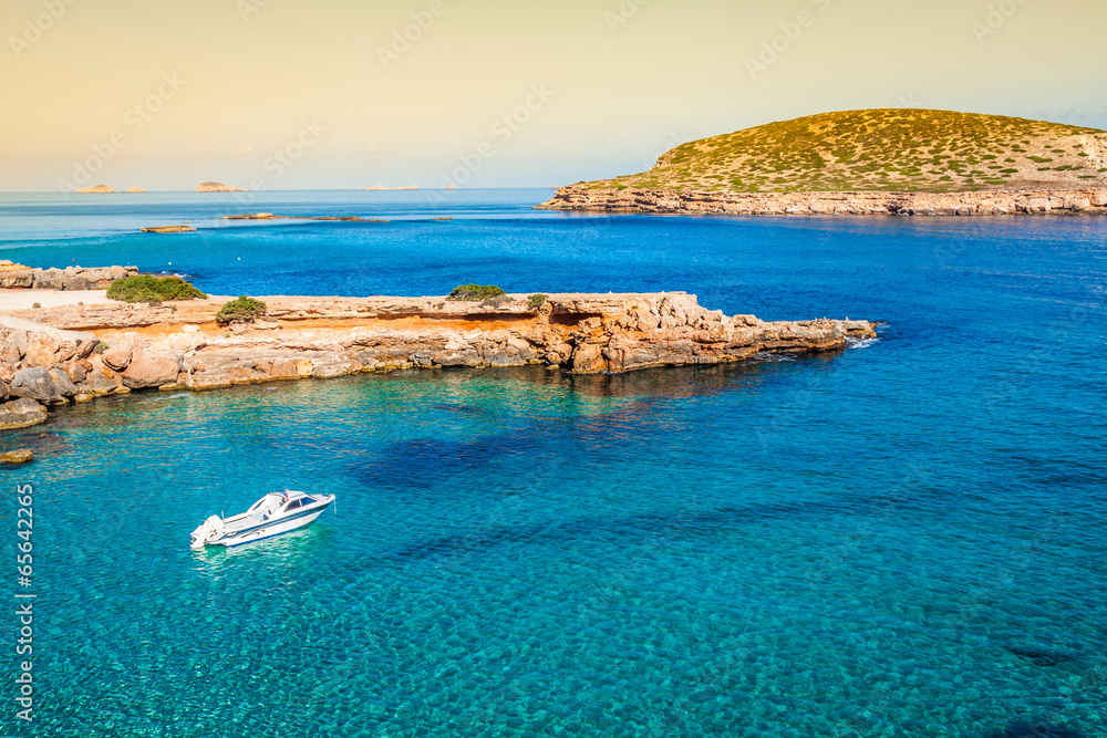 beautiful island and turquoise waters in Cala Conta, Ibiza Spain