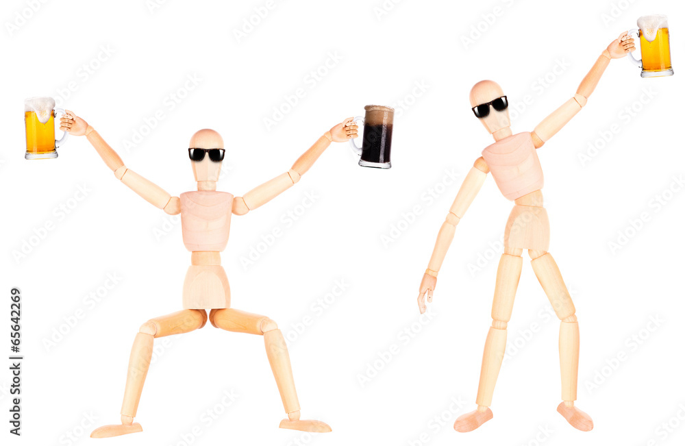 wooden Dummy with frosty glass of light beer wooden Dummy with frosty glass of light beer