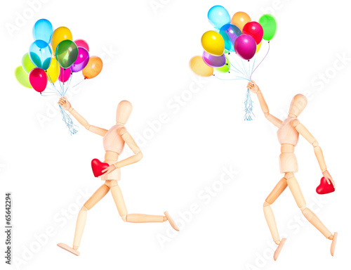 wooden Dummy holding red heart and balloons