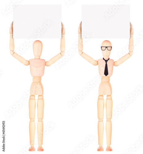 wooden Dummy businessman with empty banner