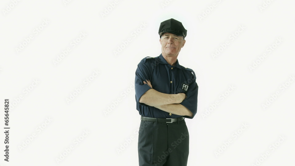 Senior caucasian policeman isolated on white confident Senior caucasian policeman isolated on white confident