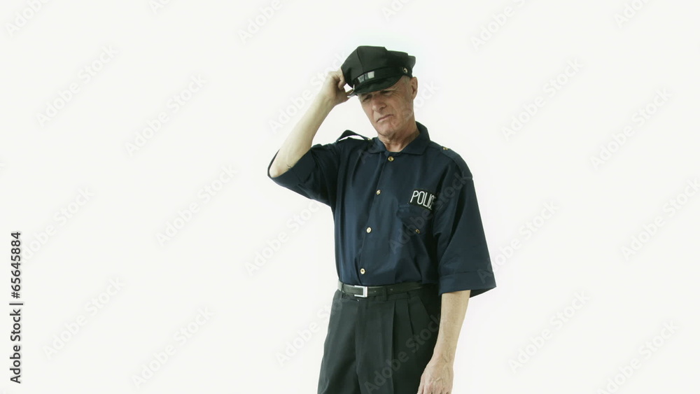 Senior caucasian policeman isolated on white thinking scratching Senior caucasian policeman isolated on white thinking scratching