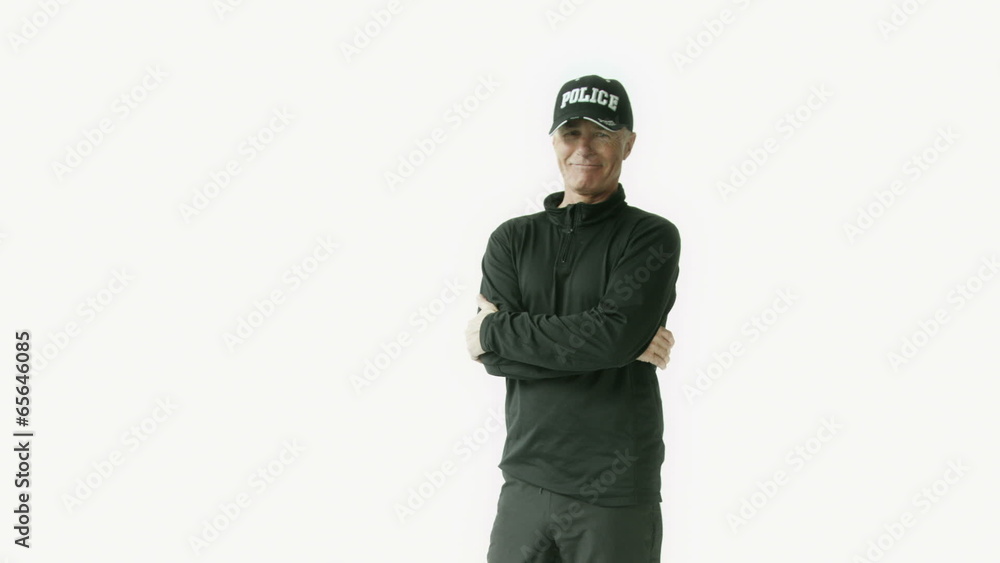 Senior caucasian policeman isolated on white confident Senior caucasian policeman isolated on white confident