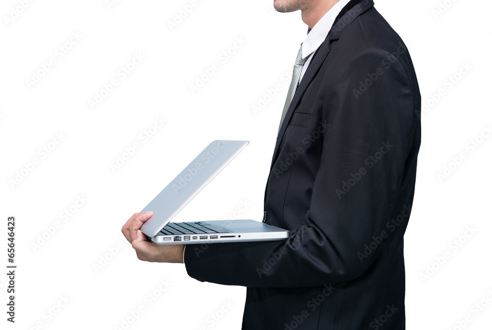 Businessman standing posture hand hold notebook laptop isolated Businessman standing posture hand hold notebook laptop isolated