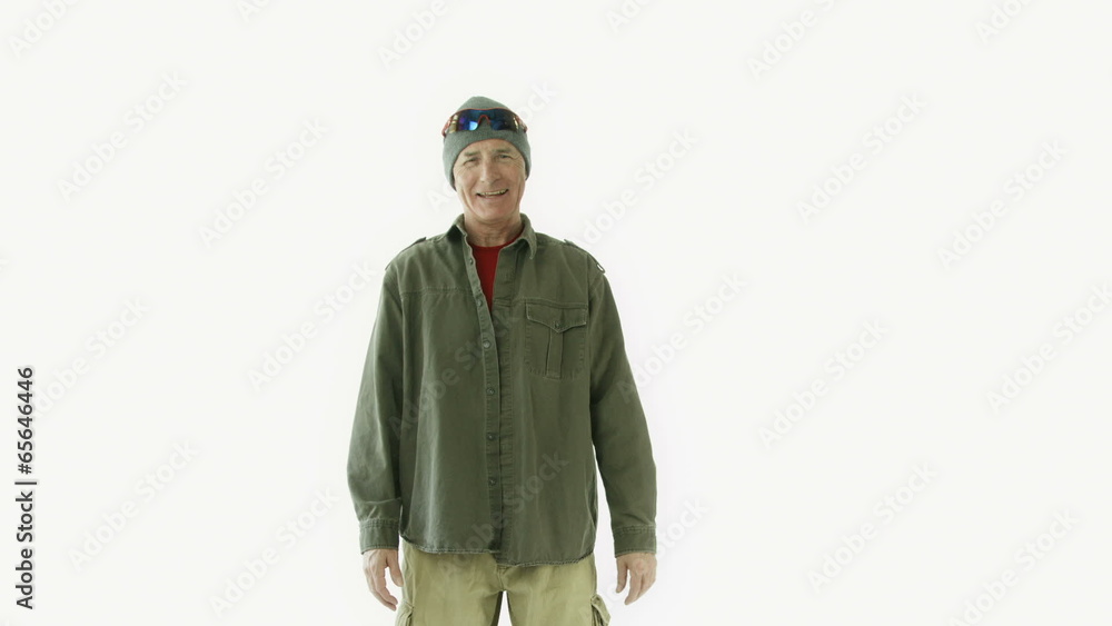 Senior caucasian outdoor man isolated on white laughing funny Senior caucasian outdoor man isolated on white laughing funny