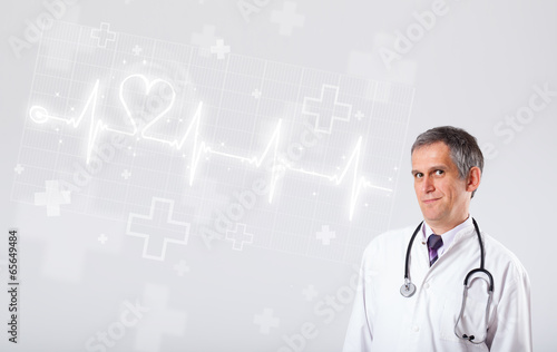 Doctor examinates heartbeat with abstract heart