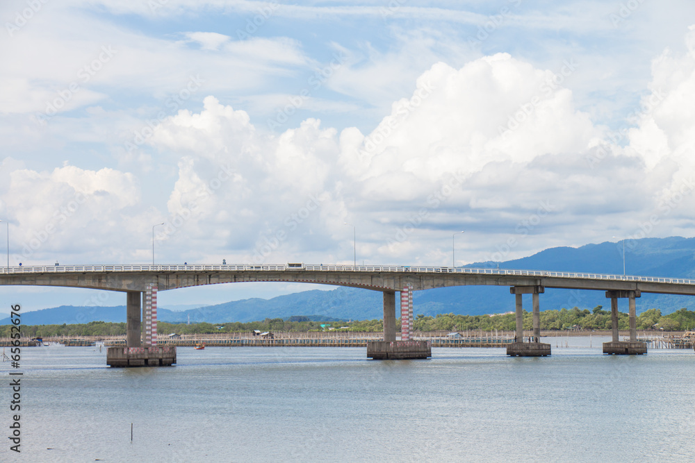 Long bridge in thailand and blue sky background