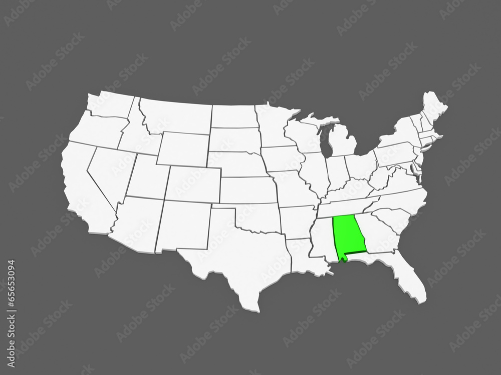 Three-dimensional map of Alabama. USA.
