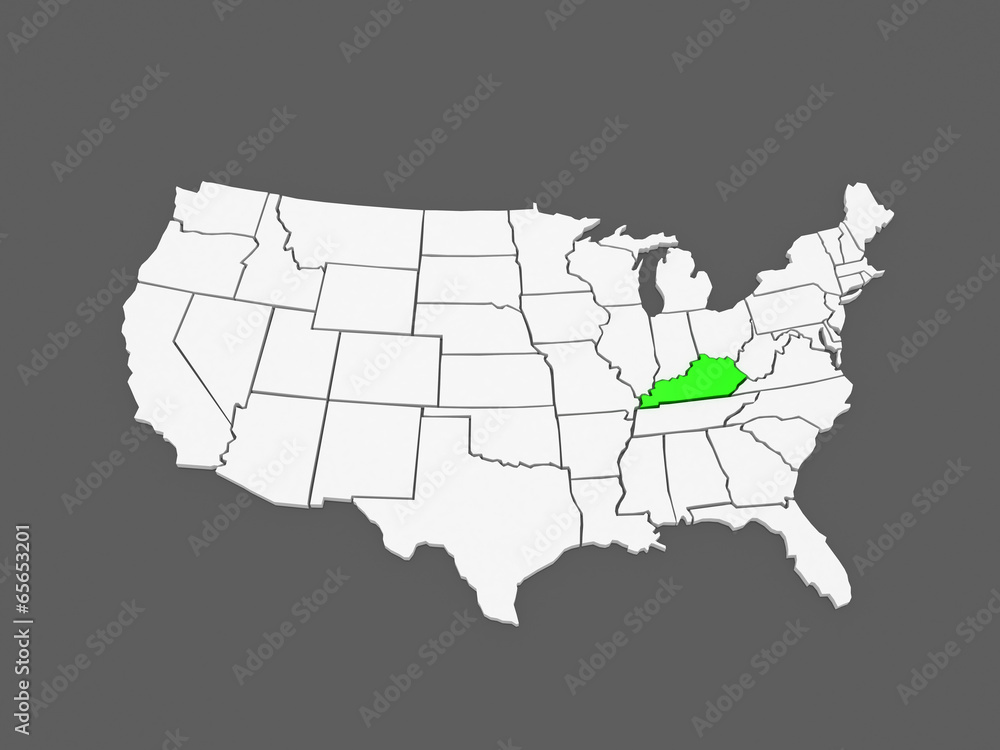 Three-dimensional map of Kentucky. USA.