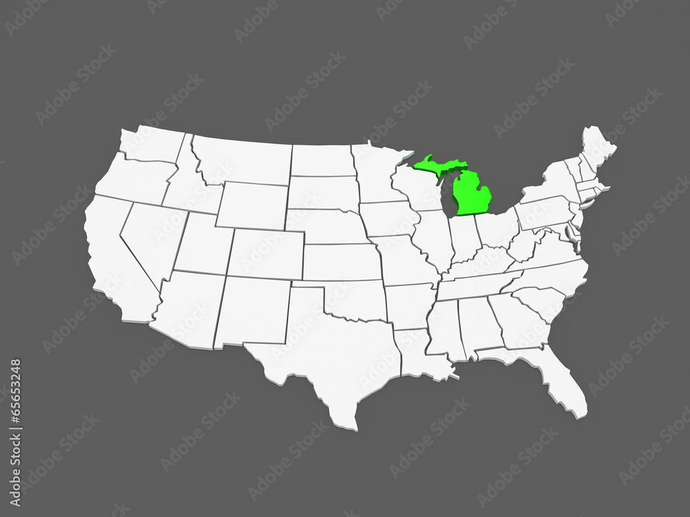 Three-dimensional map of Michigan. USA.